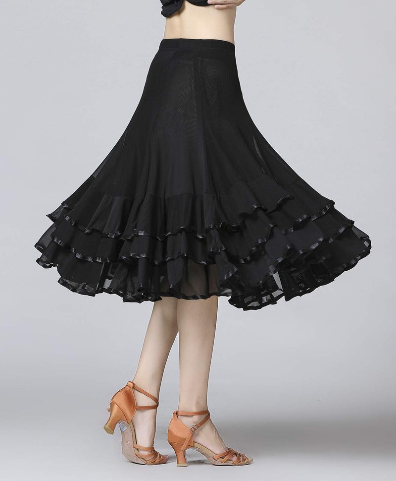 ZX Z&X Women's Ballroom Dancing 360 Degree Long Swing Latin Salsa Rumba Flamenco Dance Skirts for Practice, Black, One Size - Image 4
